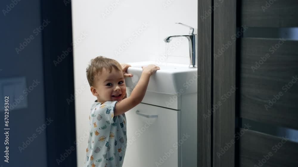 Smiling child standing at the sink open the tap. Happy baby learns to use the faucet. Smiling child standing at the sink open the tap. Happy baby learns to use the faucet.