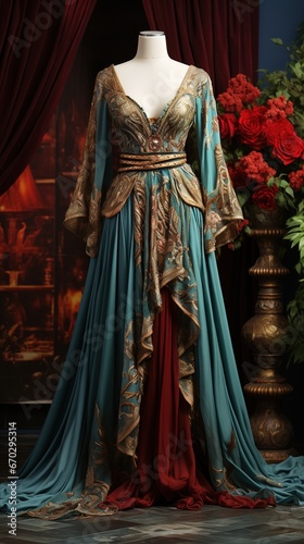  Illustration, dress on a mannequin in the style of the Middle Ages, photo for the store, background fitting room. Haute couture period dress, theater costume