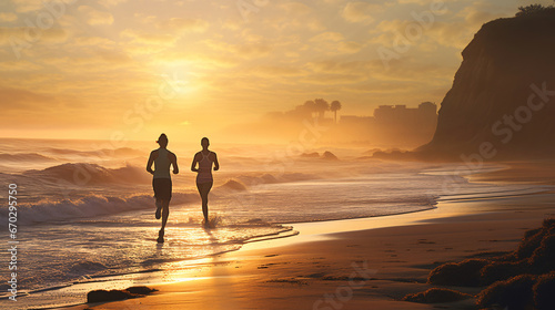 Embracing the seaside's rhythm Two young sport enthusiasts prepare for their invigorating morning run amid the ocean's embrace