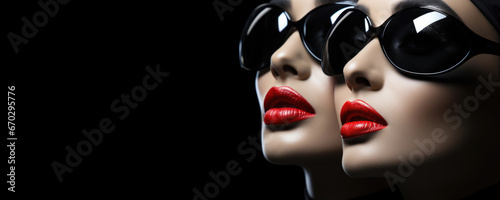 Horizontal banner with copy space for text. Two beautiful young white women in black sunglasses on dark background with red lipstick on lips. Female portrait. Generative AI Concept of solarium