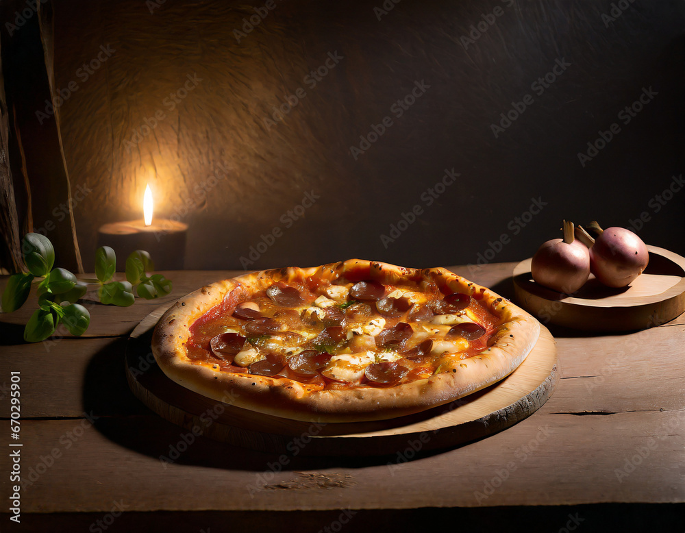 photography of pizza food served at a table with cool lighting