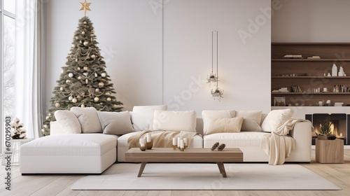 photograph of a modern living room with white and natural wood furniture in minimalist design decorated with a christmas tree and lights