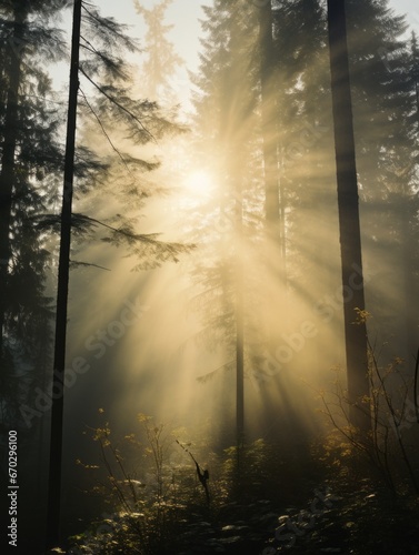 A misty sunrise with tall evergreen trees. Generative AI. 