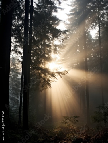 A misty sunrise with tall evergreen trees. Generative AI. 