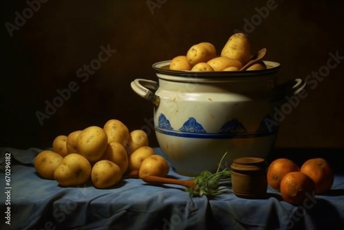 Pot with peeled potatoes. Generative AI