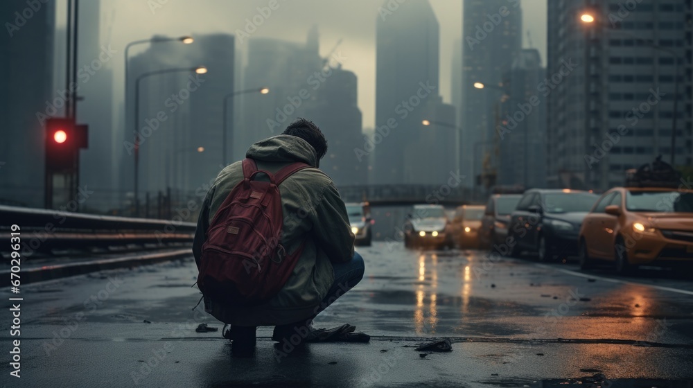 Obraz premium person feeling abandoned on a desolate street generative ai