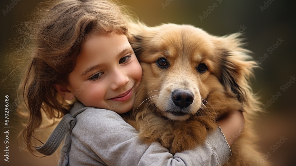 child hugging a friendly pet, showing affection generative ai