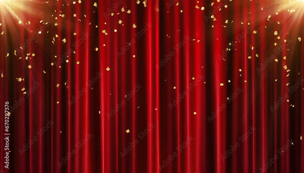 紙吹雪が舞う赤いカーテンのあるステージ。ドレープカーテン素材。紙吹雪。
A stage with a red curtain with falling confetti. Drape curtain material. Confetti. - obrazy, fototapety, plakaty 