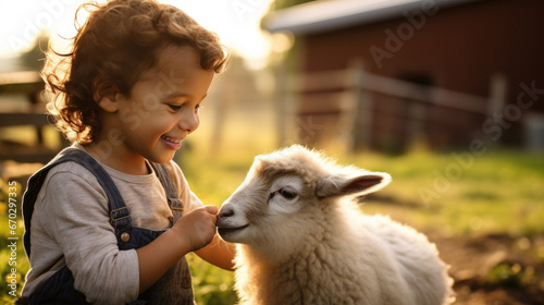 child on a farm, petting animals generative ai photo