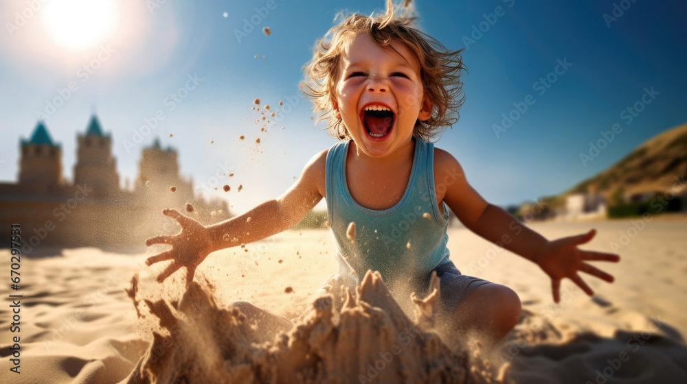child playing in the sand at the beach, full of joy generative ai - obrazy, fototapety, plakaty 