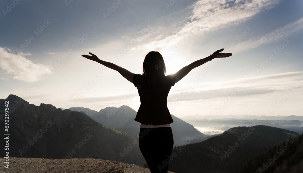 silhouette of a man and woman stands triumphantly against a cityscape and mountains, symbolizing their shared journey towards a successful, hopeful future