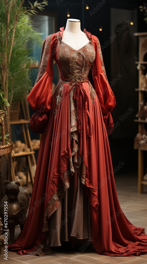 
Illustration, dress on a mannequin  in the style of the Middle Ages, photo for the store, background fitting room. Haute couture period dress, theater costume