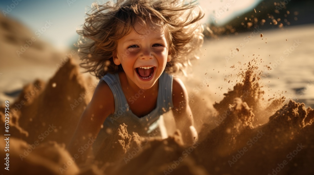 child playing in the sand at the beach, full of joy generative ai - obrazy, fototapety, plakaty 