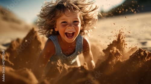 child playing in the sand at the beach, full of joy generative ai photo
