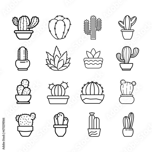 Icon set. Cactus plants, decorative house plants, vector illustration 