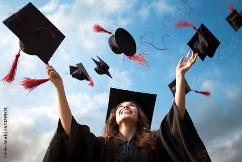 hats graduation throwing graduate mortarboard education university graduating sky cloud academic achievement air bachelor cap ceremony certificate cheerful college degree excited excitement photo