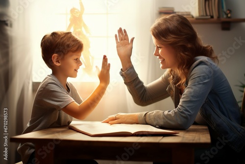childhood familiy son children mother education five high boy teaching homework home woman family person portrait 5 hand success gesture celebration celebrate happy give team together photo