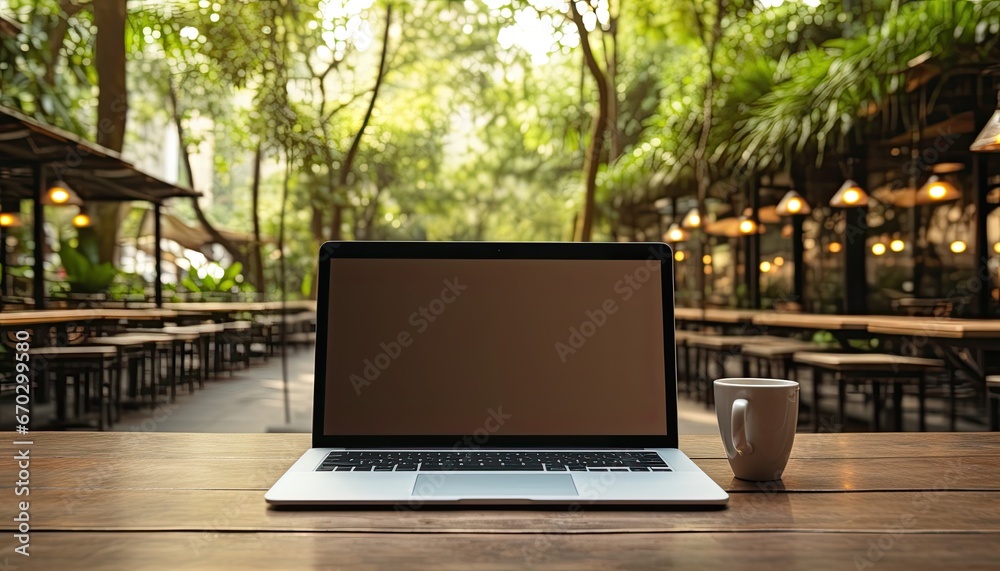 Blank Laptop Screen on Wooden Table with Coffee Blank Laptop Screen on Wooden Table with Coffee