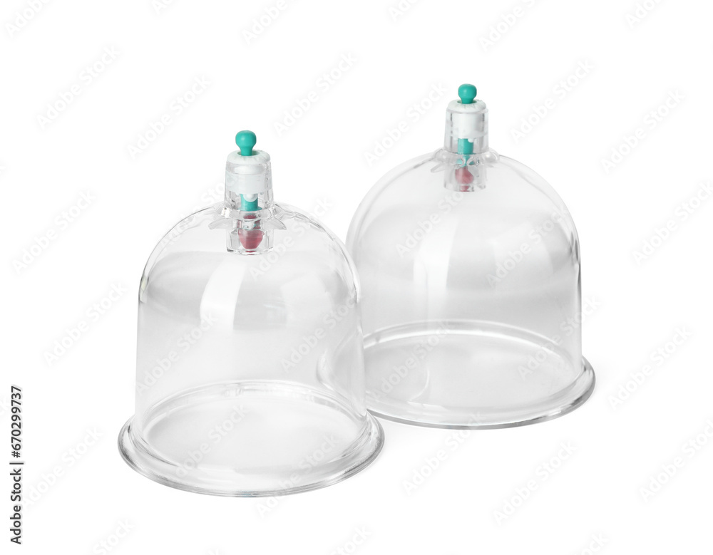 Plastic cups isolated on white. Cupping therapy Plastic cups isolated on white. Cupping therapy