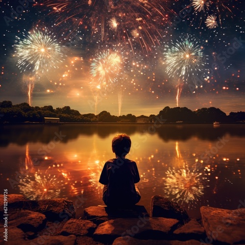 child watching a fireworks show, in amazement. generative ai