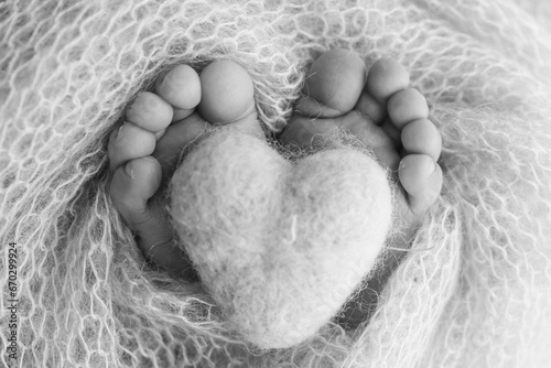 The tiny foot of a newborn baby. Soft feet of a new born in a wool blanket. Close up of toes, heels and feet of a newborn. Knitted heart in the legs of baby. Macro photography. Black and white. 