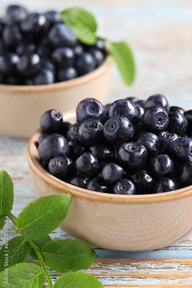 Bowls with tasty fresh bilberries and leaves on old light blue wooden table, closeup Bowls with tasty fresh bilberries and leaves on old light blue wooden table, closeup