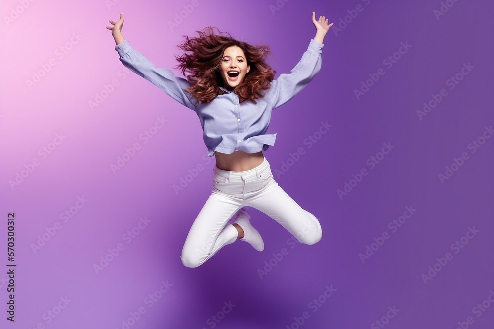 concept energy people life background violet isolated camera looking fists raised air jumping girl positive cheerful portrait  achieve air beautiful carefree celebrate chick curl curly done