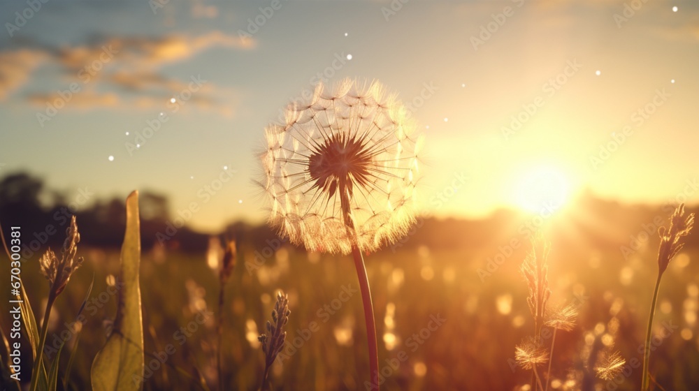 A Diamond Dust Dandelion in a field with the sun setting behind it, casting a warm, golden glow on the delicate seeds.