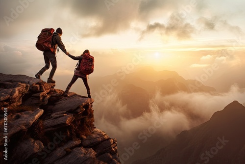 other each help hiking couple asia concept lifestyle fit active hand helping giving sunrise mountain hike other each helping people  active activity adventure asia backpack cliff climb photo