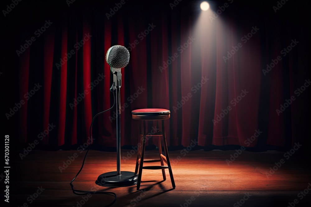 image contrast high ray reflectors stage comedy stand stool wooden microphone actor art artist audio background bar club comedian concert dark entertainment equipment event floor - obrazy, fototapety, plakaty 