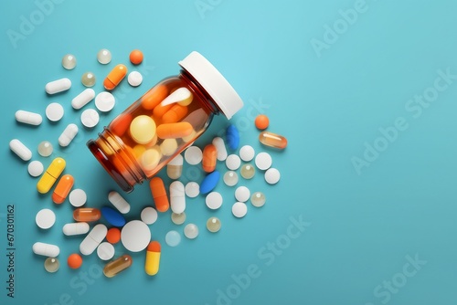 bottle scattered pills color background top view space text addiction antibiotic assorted blue capsule care chemistry colours colourful concept container copy different disease dosage drugged drug