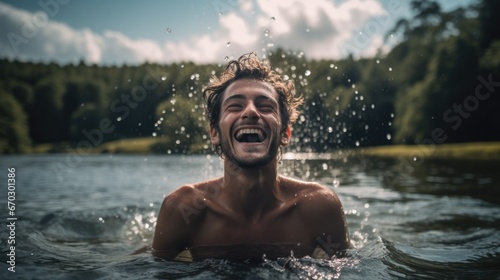 person expressing joy at a lake surrounded by mountains generative ai