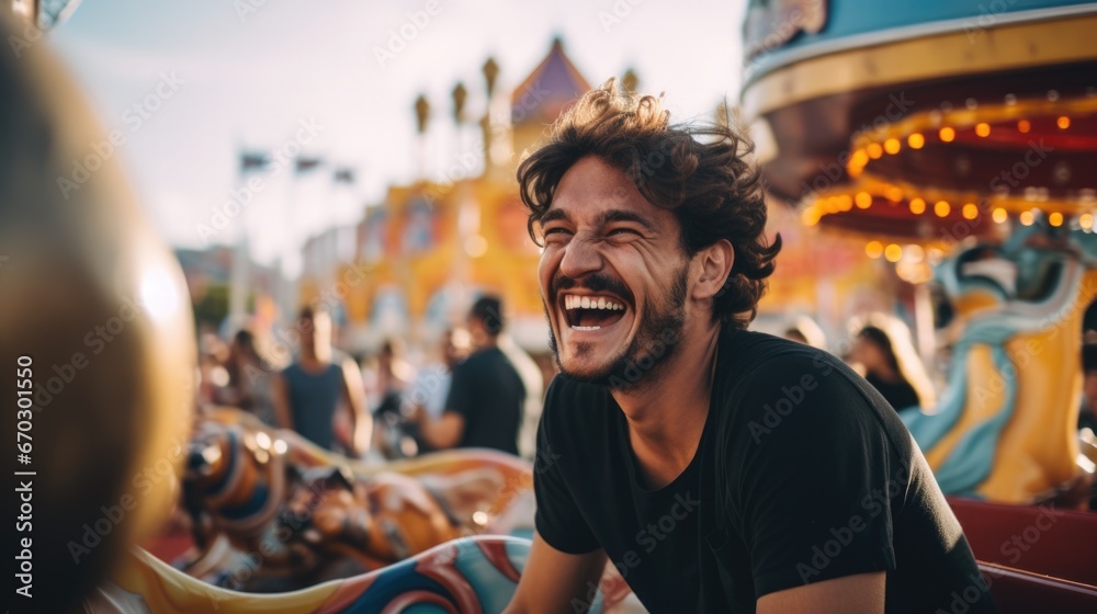 person expressing joy in an amusement park generative ai