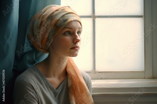 indoors headscarf cancer woman young adult attitude background bald cancer care caucasian chemo chemo disease female hair happy headscarf health home hope disease indoor loss medicals