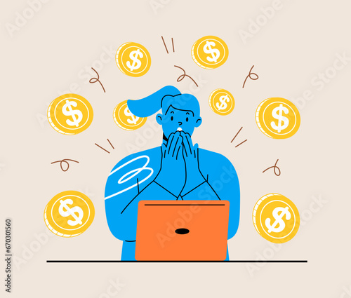 Earn money online. Woman working online with a computer and coins. Colorful vector illustration