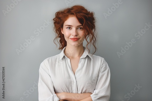 background wall grey isolated posing woman business young Happy adult attractive beautiful beauty brunette businessperson businesswoman caucasian confident copy space cute female formal friendly