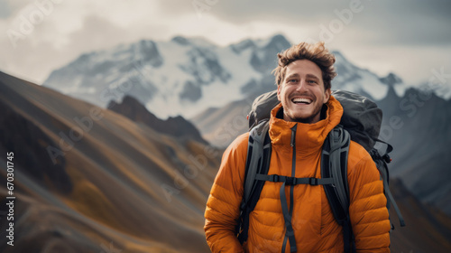 person expressing joy in the middle of mountains generative ai