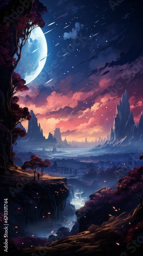 Wallpaper of a Crescent Moon and Stars Shining Above a Tranquil Landscape, Generative AI