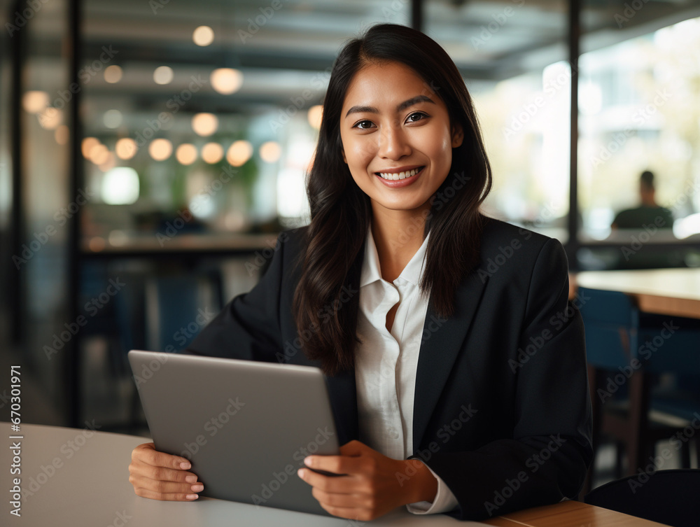 A photo of a 25 year old female filipino lawyer, sitting down holding a tablet, wearing business casual, impressive office in the background - Generative AI