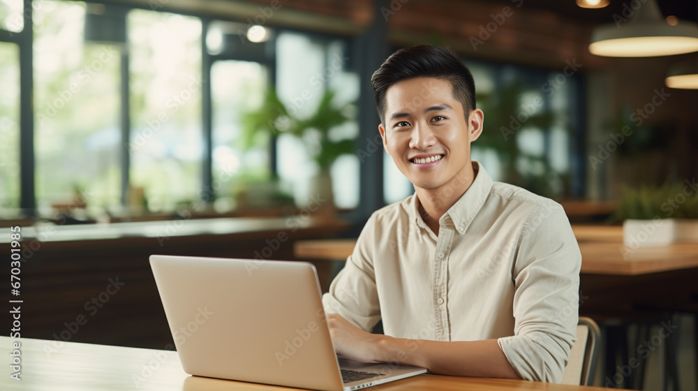 A young Asian man sitting in a library or café, in front of a laptop, smiling brightly. - Generative AI A young Asian man sitting in a library or café, in front of a laptop, smiling brightly. - Generative AI