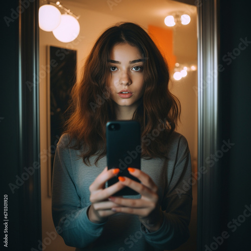 a girl with brown hair is taking a selfie in a mirror covering her face with her phone - Generative AI