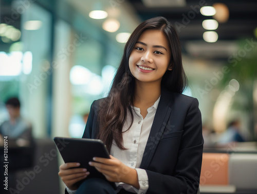A photo of a 25 year old female filipino lawyer, sitting down holding a tablet, wearing business casual, impressive office in the background - Generative AI photo