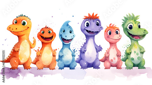 Childhood Dreams of Dinosaurs: A Colorful Illustration of Six Happy Prehistoric Creatures on a White Canvas background ai generated © Jiya