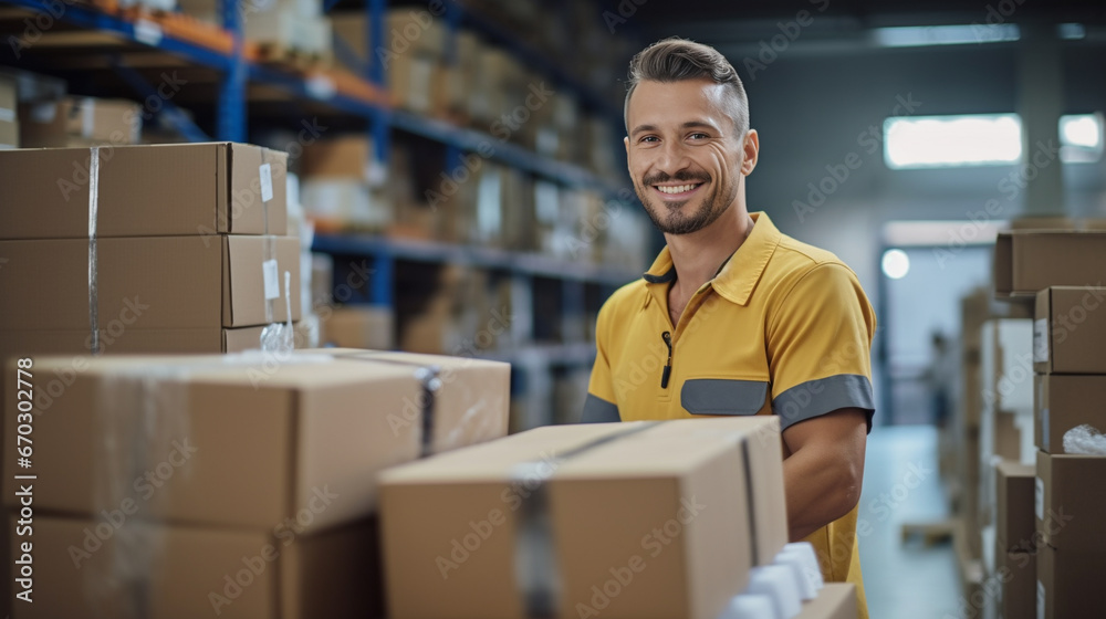 Adult man working in factory warehouse - Generative AI Adult man working in factory warehouse - Generative AI