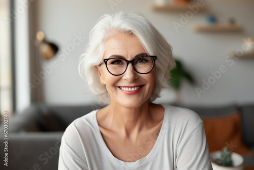 portrait headshot room living sofa sitting female retired senior single positive indoor home posing glasses lady old happy camera looking woman haired grey mature aged middle smiling