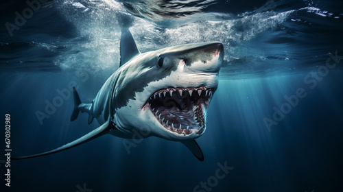 angry big shark opens its mouth wide with sharp teeth - Generative AI