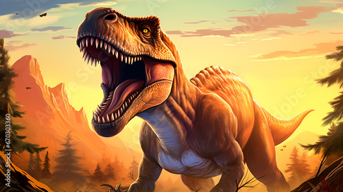 Dino Kingdom: Journey into the Jurassic Jungle with mountain background ai generated