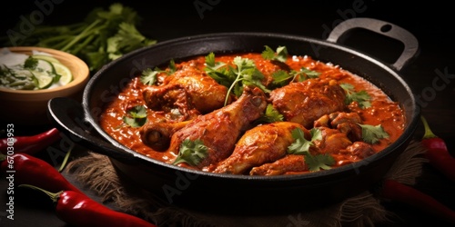 spicy kerala red chicken curry. chicken vindaloo. Butter chicken curry roast hot and spicy gravy dish, generative AI