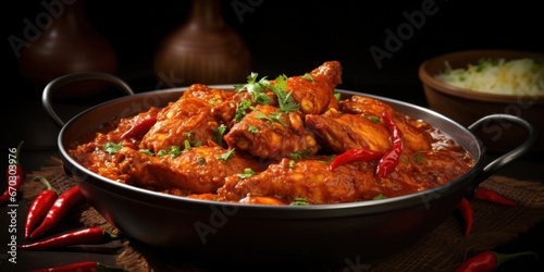 spicy kerala red chicken curry. chicken vindaloo. Butter chicken curry roast hot and spicy gravy dish, generative AI photo