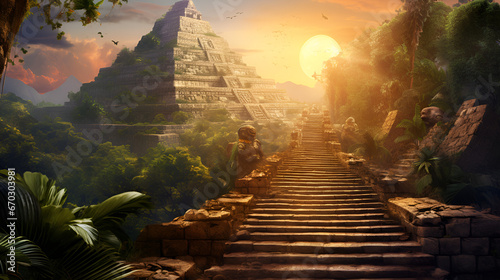 El Castillo: The Majestic Mayan Pyramid with a Serpentine Stairway and the Radiant Glow of Sunset background ai generated photo